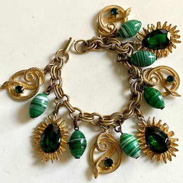 Mid Century Marbled Green Glass, Crystal, Gold Snake Charm Bracelet