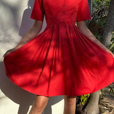 1960s Red Cotton Dress / Fit n Flare Shirt Dress / 1950's Pinup Dress / Fifties Day Dress / Summer Dress / Cherry Tomato Red 