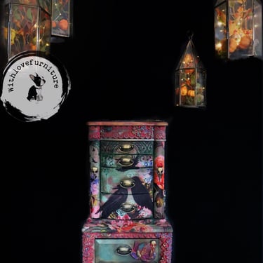 Eclectic Jewelry Armoire hand Painted Fairy tale  Inspired jewelry box. Bedroom Storage Cabinet. Colorful Entryway Gothic. Whimsical. 