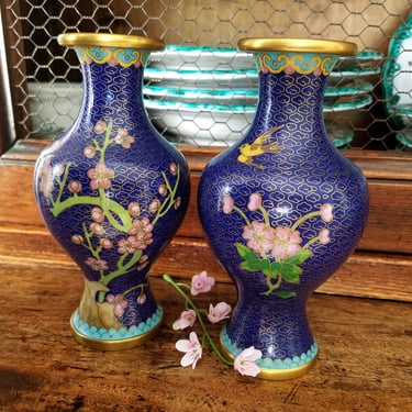 Vintage Cloisonné Vases Matching Pair~6" Floral Oriental Jar~Blue Enamel Pink Cherry Blossoms Birds~Ornate Flower Vases~JewelsandMetals 