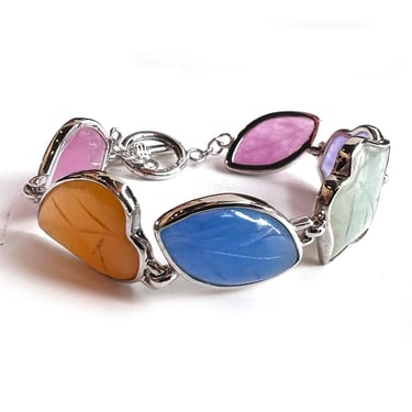 Sterling Silver Leaf Bracelet with Carved Semi-Precious Stones in Purple Pink Yellow Blue Jade, Unworn Jewelry, Gift for Her, Link Bracelet 