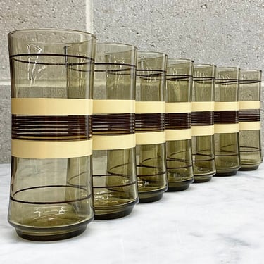 Vintage Drinking Glasses Retro 1970s Contemporary + Libbey + Bolero + Smokey Glass + Striped Design + Set of 7 + Water Tumblers + Kitchen 