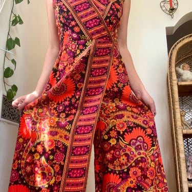 Vintage 1960s Psychedelic Floral Jumpsuit Dress V Neck Sleeveless Gown Long Dayglow 30 Waist by TimeBa