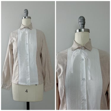 1960s Vintage Gigi Cotton / Poly Khaki and White Blouse / 60s / Sixties Pin Tuck Tuxedo Bow Shirt / Size Medium 