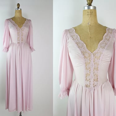 70s Olga Pale Pink Slip Dress / 1980s Nightgown Slip Dress /Wedding Slip/ Lace lingerie /Style 92067 /Nightgown with Sleeves /Size S/M 