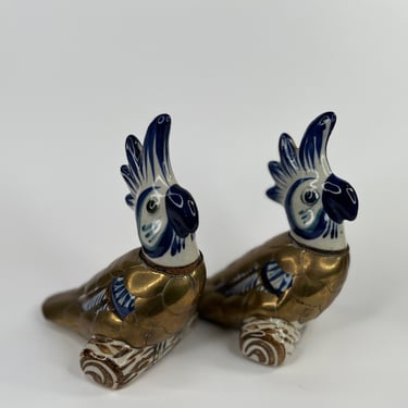 Tonala Brass Overlay and Ceramic Pottery Cockatoos: Unique Pair for Home Decoration and Collector's Item 