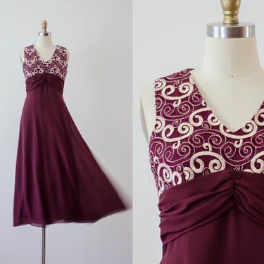 burgundy chiffon dress | 90s y2k vintage dark red gold embroidered flowy tie back corset bridesmaid dress gown 