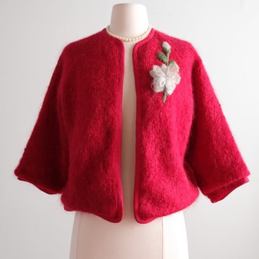 Vintage 1960's Crimson Wool Knit Lined Cardigan/ Medium