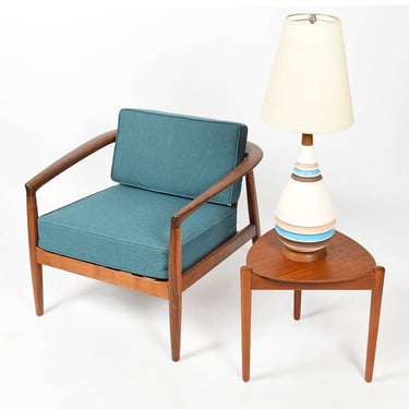 Dux Scandinavian Black Walnut Easy Chair w Aqua Upholstered Cushions — Pairs Available!