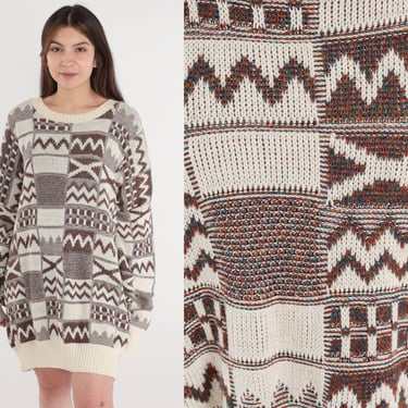 Geometric Sweater 90s Pullover Knit Ringer Sweater Abstract Checkered Tile Print Crewneck Jumper Cream Brown Cotton Vintage 1990s 3xl xxxl 