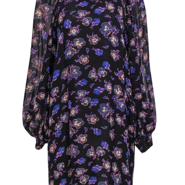 Ganni - Black, Purple & Tan Floral Print Balloon Sleeve Shift Dress Sz 10