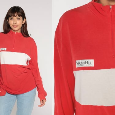 90s Sporthill Shirt Red Striped Quarter Zip Shirt Long Sleeve TShirt Retro Basic Top White Stripe Mock Neck Streetwear Vintage 1990s Large L 