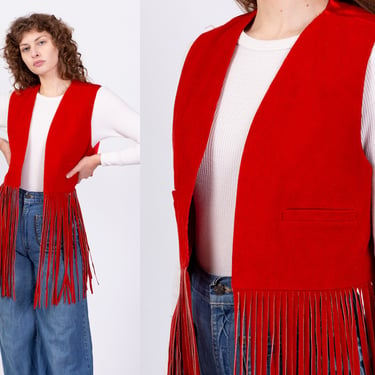Vintage Red Suede Fringe Vest - Large | 80s 90s Boho Hippie Leather Sleeveless Top 