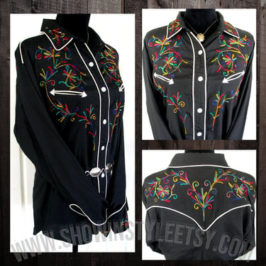 JouJou Vintage Western Women's Cowgirl Shirt, Rodeo Blouse, Black with Multi-Color Embroidery, Tag Size Large (see meas. photo) 