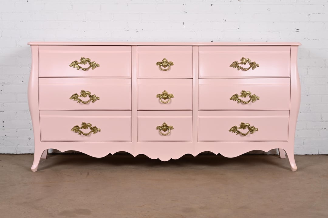 John French Provincial Louis XV Pink Lacquered Triple Dresser