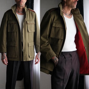 Vintage 80s PETERBOROUGH ROW for BLOOMINDALES Olive Green M65 Military Styled Jacket w/ Red Wool Lining | 100% Cotton | 1980s Designer Coat 