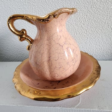 Pink and Gold water pitcher and basin Vintage Garden decor 1960s vases 