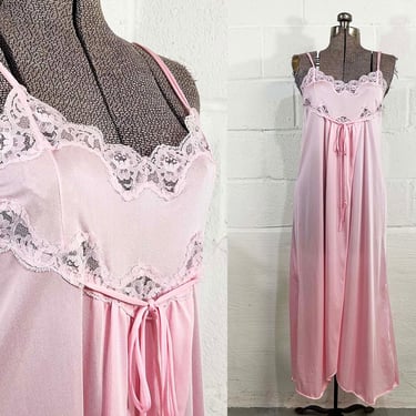 Vintage Pink Nightgown Jill Andrea Night Gown Empire Waist Full Length Nightie Lace Trim Peignoir Pajamas PJ Sleepwear 1960s 1970s Medium 