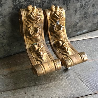 Pair French Gilt Shelf Brackets, Gilded Metal, Floral Ormolu Rose Design, Chateau Period Decor 