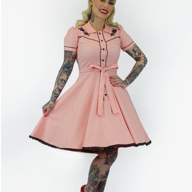 Pink Black Rose Vintage Rockabilly Western Country Women Dress XS-3XL 