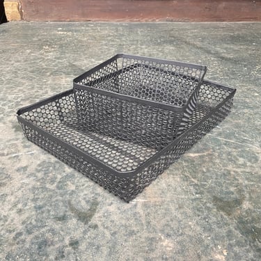 1950s Perforated Metal Basket Trays Shop Workshop Bins Vintage Mid-Century Modernist Black 