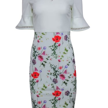 Ted Baker - White Bell Sleeve Midi Dress w/ Floral Print Skirt Sz 4