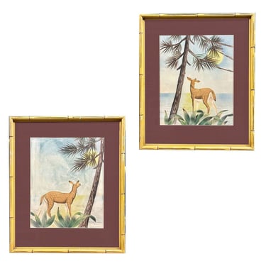 Deer Scenic Watercolor on Paper by Shirrell Graves in Bamboo Frame, Pair 