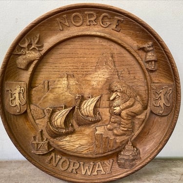 Vintage Norway Faux Carved Wood Plate, Troll Overlooking 2 Vikings Ships, Coat Of Arms, Norge, Elk, Girl Blowing Horn, Scandinavian Decor 