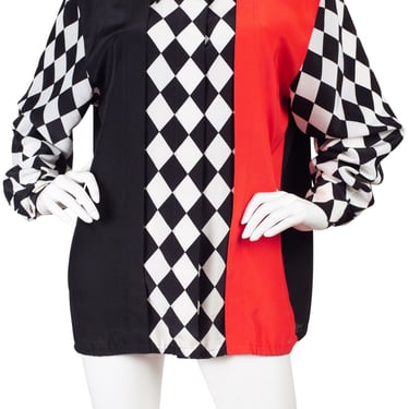 Louis Féraud 1980s Vintage Black, White, & Red Checkered Long Sleeve Blouse Sz XL 
