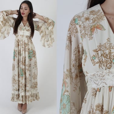 70s Giant Kimono Sleeve Dress / 1970s Gypsy Boho Wedding Gown / Avant Garde Renaissance Festival Bridal Maxi 
