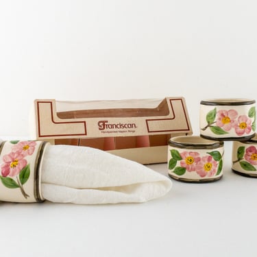 Vintage Boxed Set of 4 Franciscan USA Handpainted Desert Rose Napkin Rings, Set of Four Pink Flower Ceramic Earthenware Napkin Holder Rings 