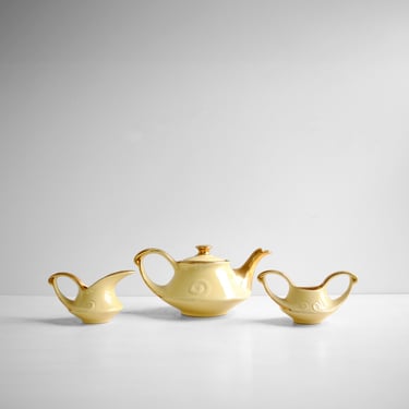 Vintage Art Deco Tea Set, Pearl China Homer Laughlin 22K Gold Teapot, Creamer, and Sugar bowl 