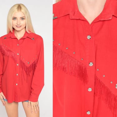 Western Fringe Shirt 90s Red Button up Cowboy Top Rodeo Cowgirl Blouse Long Sleeve Silver Trim Studded Collared Retro Vintage 1990s Large L 