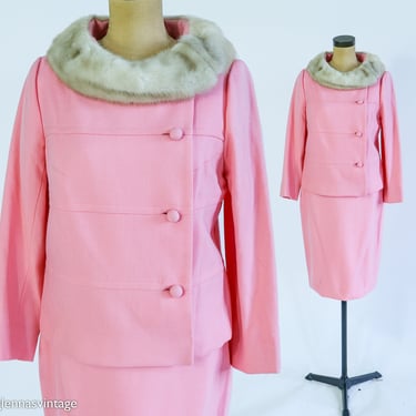 1960s Pink Wool Blend Suit | 60s Pink Wool Skirt & Jacket | Jackie O | Medium 