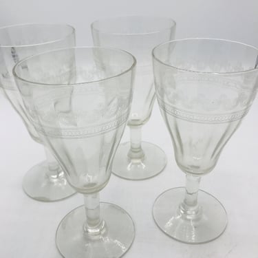 VIntage set of four (4) Etched Optic  Paneled Wine Glasses with curly design- Depression Glass- Nice Condition 