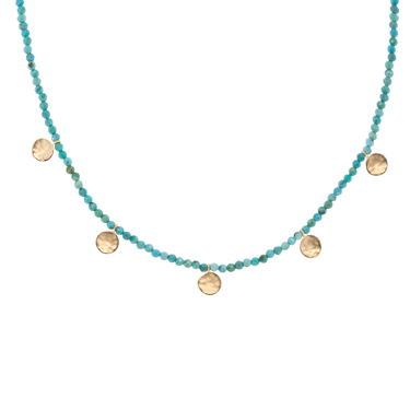 Turquoise Wrap Gemstone Mini Hammered Disc Station Necklace - 18k Gold + Turquoise