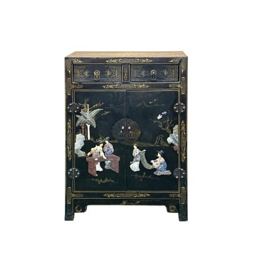 Vintage Chinoiseries Black & Stone Inlay Graphic End Table Nightstand GB140E 
