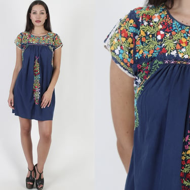 Vintage Navy Oaxacan Mini Dress / 1970s Cotton Mexican Hand Embroidered Dress / Bright Floral Quincenera Fiesta Short Dress 