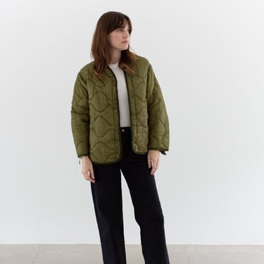 Vintage Green Liner Jacket | Unisex Wavy Quilted Nylon Coat | S | LI206 