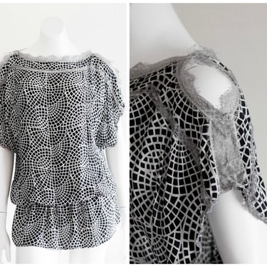 Black and gray silk cold shoulder blouson top 