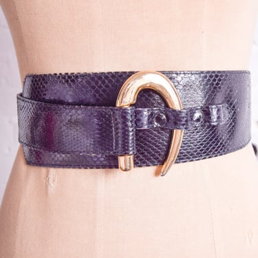 1980s Black Snakeskin Belt | 80s Black Leather Belt | Medium 