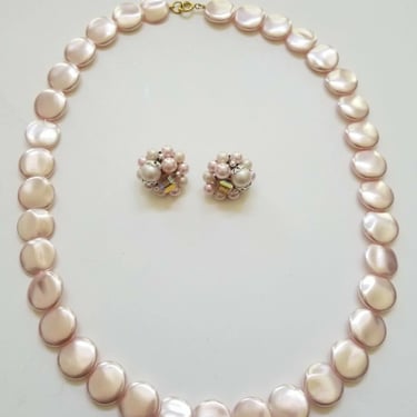 Vintage Mid Century Pink Pearly Lucite Disk Beads and Earrings Set 