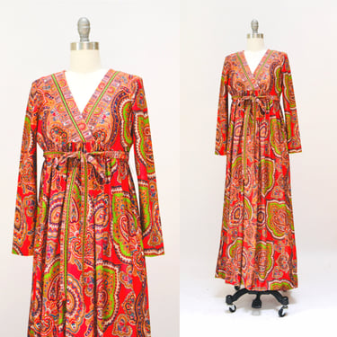 Vintage 70s Boho Dress Paisley Print Long Peasant Dress size XXS XS// 70s Vintage Paisley Print Dress orange Paisley Bohemian Peasant Dress 