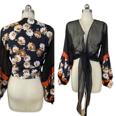 1970s Disco Chiffon Peasant Blouse, Vintage Daisy Jones Ties Top, Sheer Mixed Media Print Shirt M/L 
