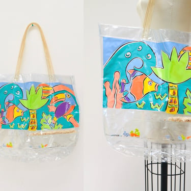 80s Vintage Large Clear Beach Bag Fish Bird Tote Purse clear Transparent Beach Bag 80s 90s Pop Art Beach Cruise Ocean Fish Vegan Bag Beach 