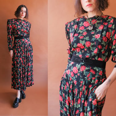 Vintage 80s Rose Print Dress/ 1980s Black Rose Prairie Long Sleeve Dress/ Size Medium 