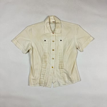 1940s 1950s Fruit of The Loom white cotton blouse / Women's Shirt / Short Sleeve / Gold Buttons / Pintucking / Pleated / 50s / Solid / S / 
