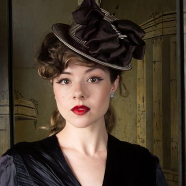 1940s Hat - Smart Striped Brown and Ivory Straw Tilt Topper with Satin Pouf, a New York Creation 