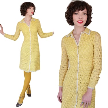 Vintage 60s Yellow Knit Dress Button Down Front Handmade France 
