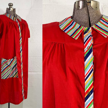 Vintage Rainbow Housedress Nightgown House Dress Red Snap Gown Sleepwear Stripe Collar Red 1970s Short Sleeve XL XXL 